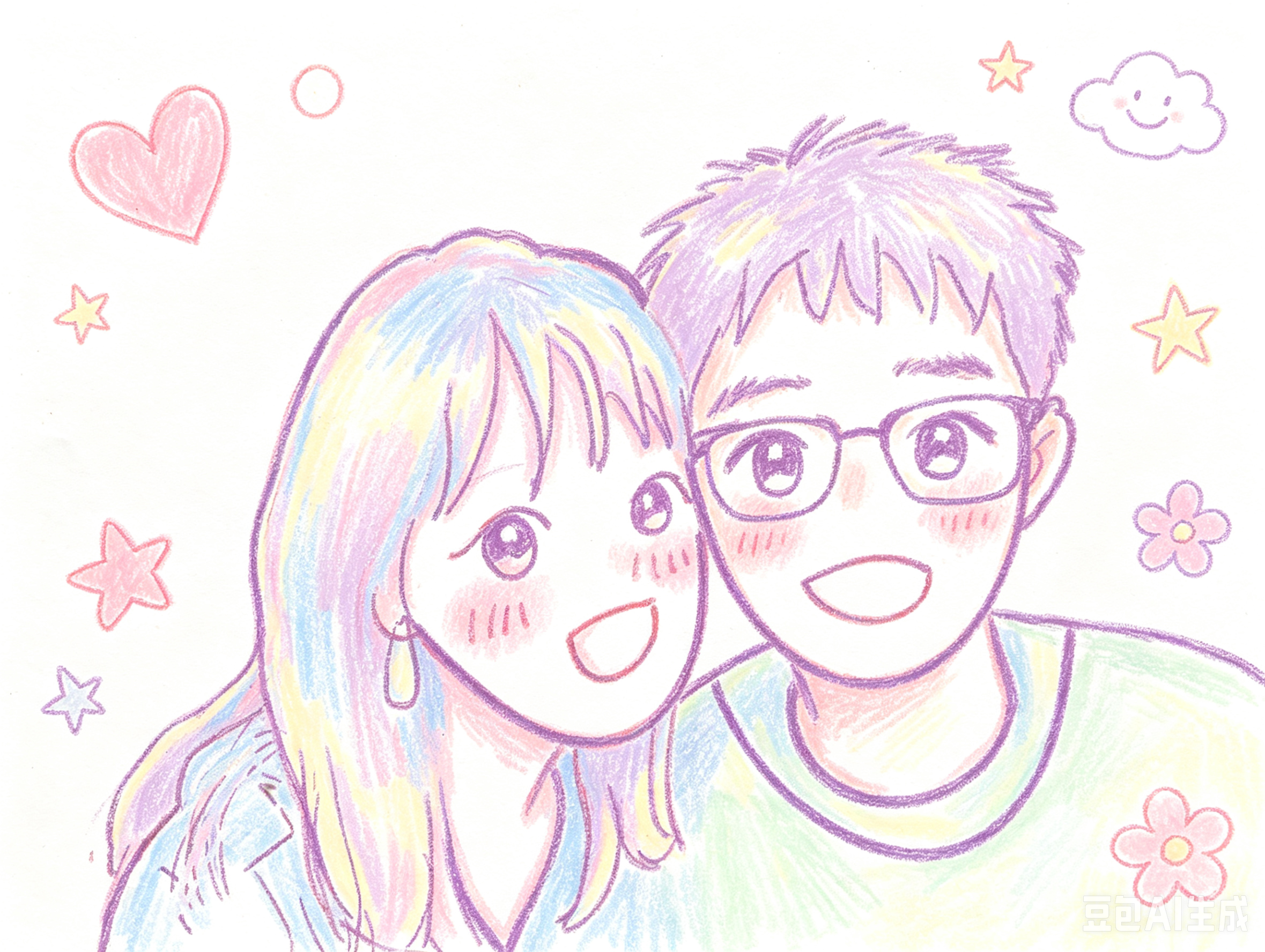 彩铅画里的我们：长发女孩依偎着戴眼镜的男孩，一起微笑